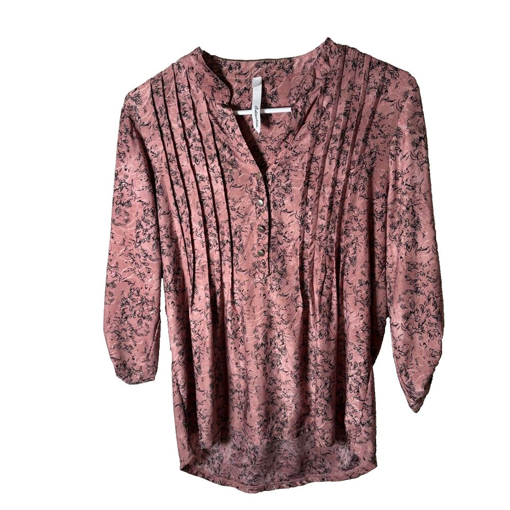 NY Collection Blouse Women's Medium Popover Pleated 3/4 Sleeve Textured Top